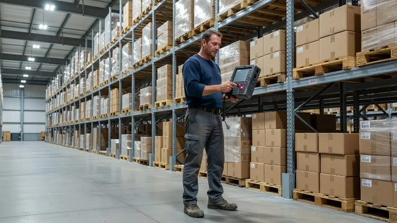 A warehouse employee using a rugged mobile scanner near tall inventory racks.