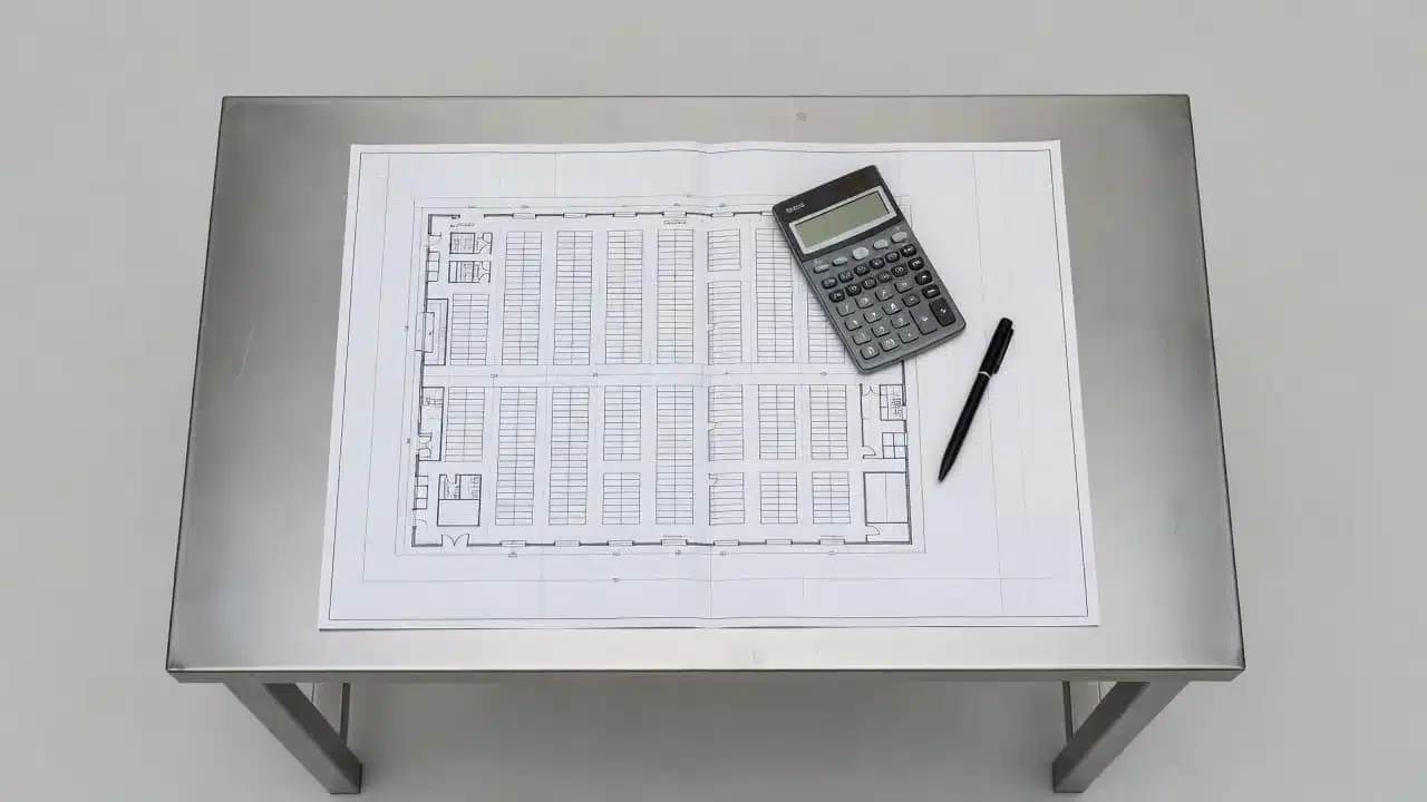 A warehouse blueprint, calculator, and pen lie flat on a metal table.