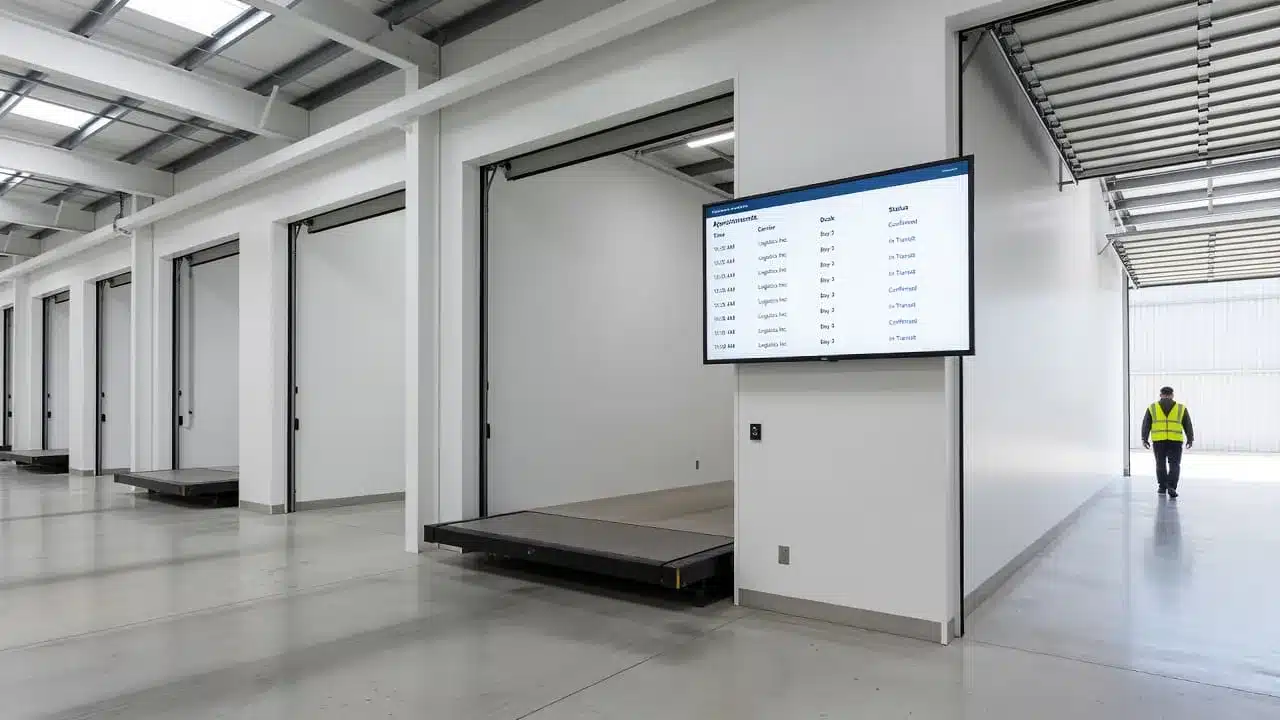 An empty warehouse loading bay with a digital scheduling screen on the back wall.