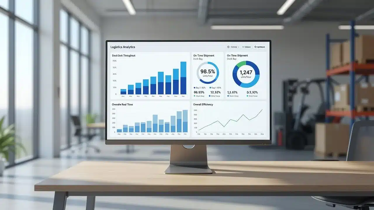 A computer screen showing performance charts and warehouse metrics in a bright office.
