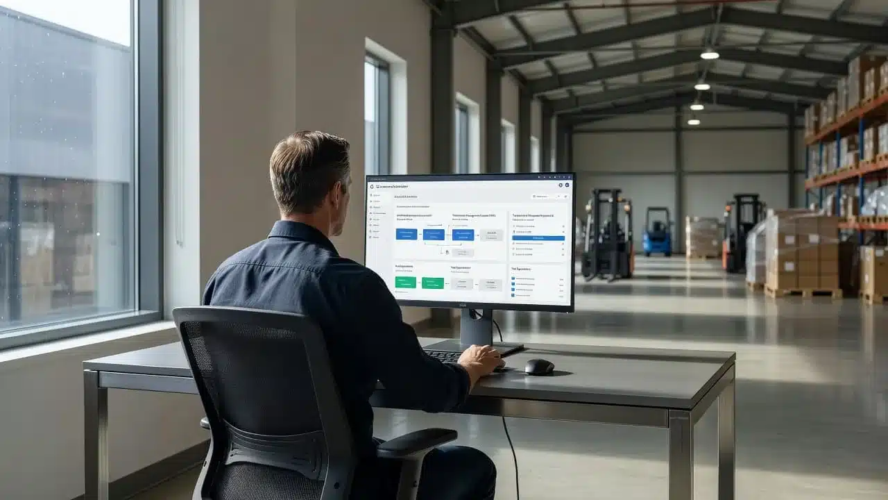 An office desk with a logistics dashboard monitor in a sunlit warehouse.