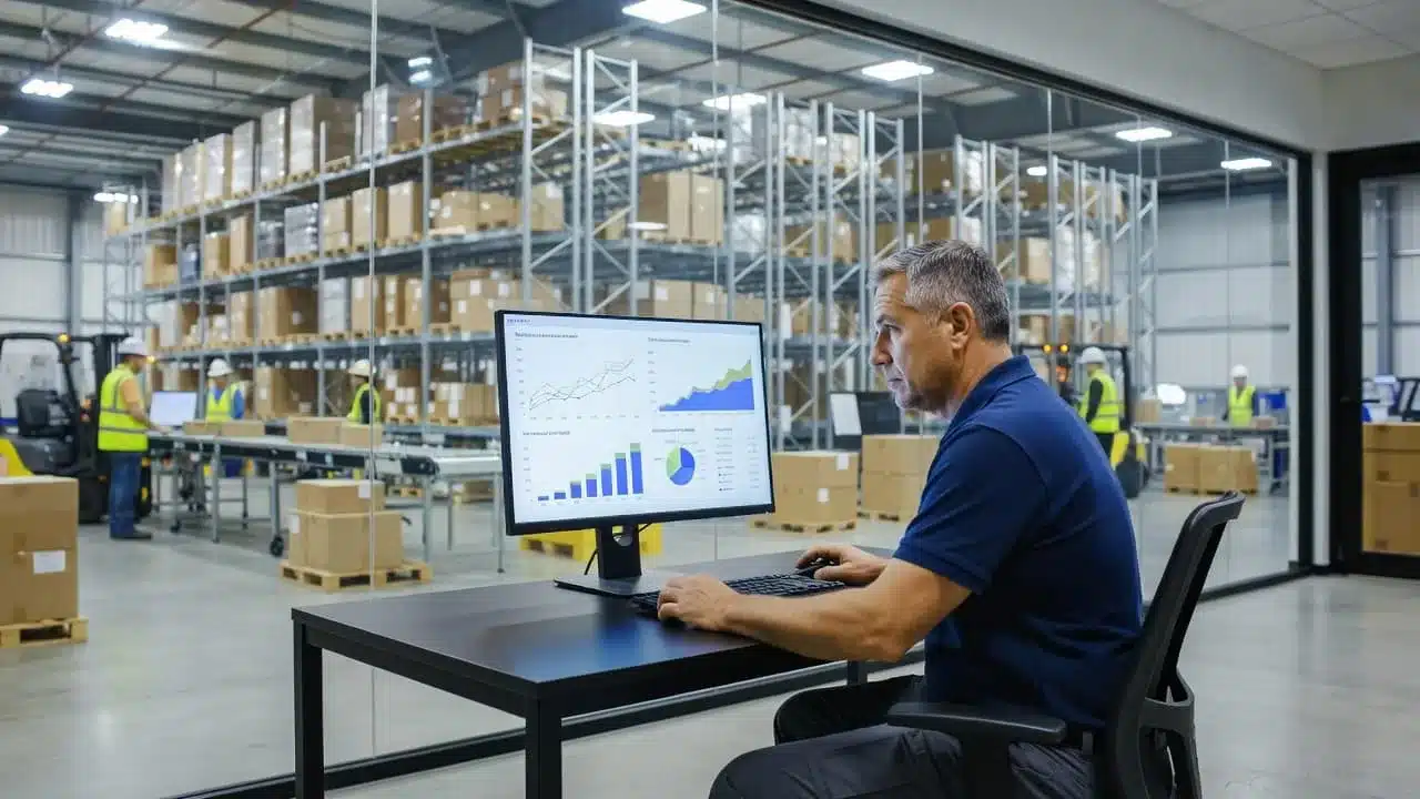 A warehouse manager reviewing metrics on a desktop monitor in a bright office.
