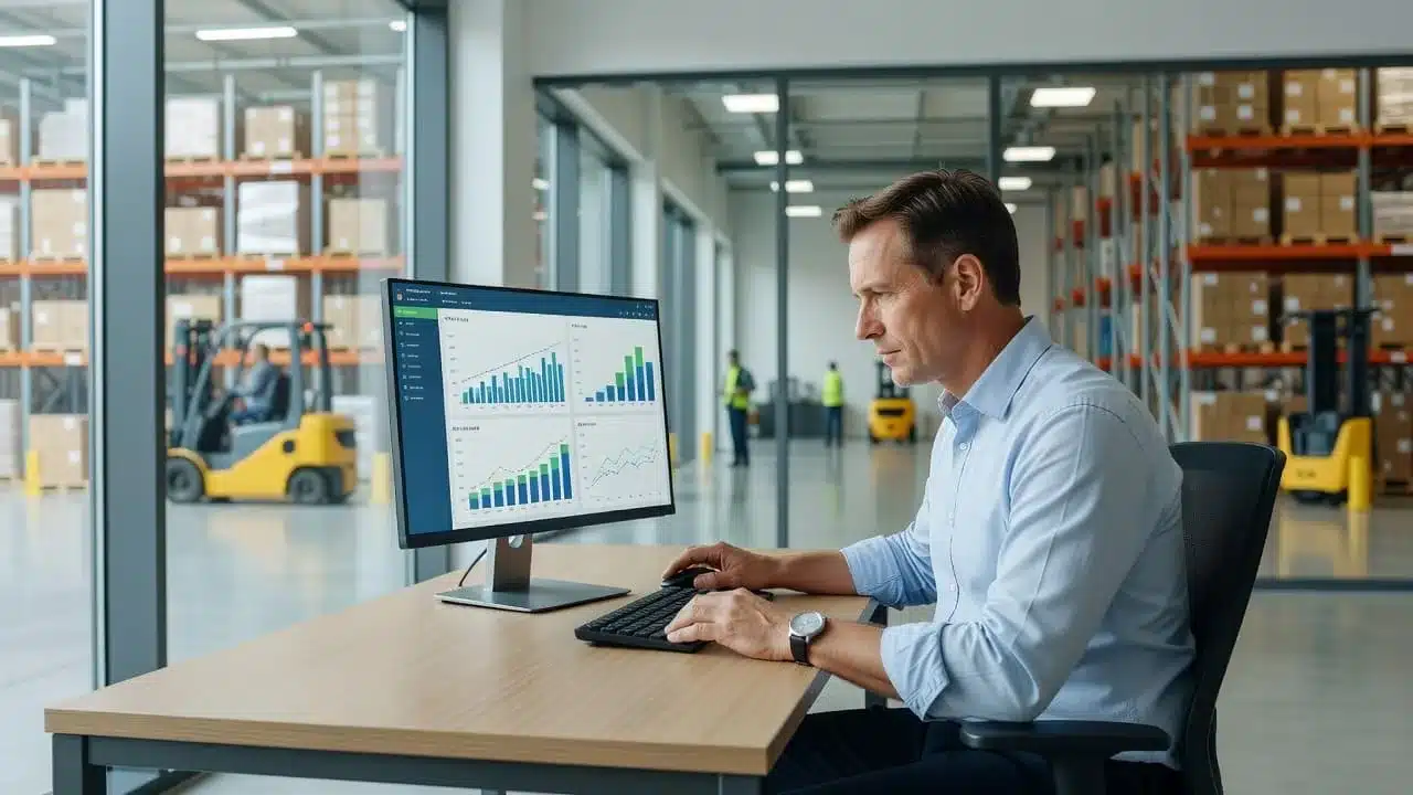 A manager reviewing logistics metrics on a computer in a modern office.