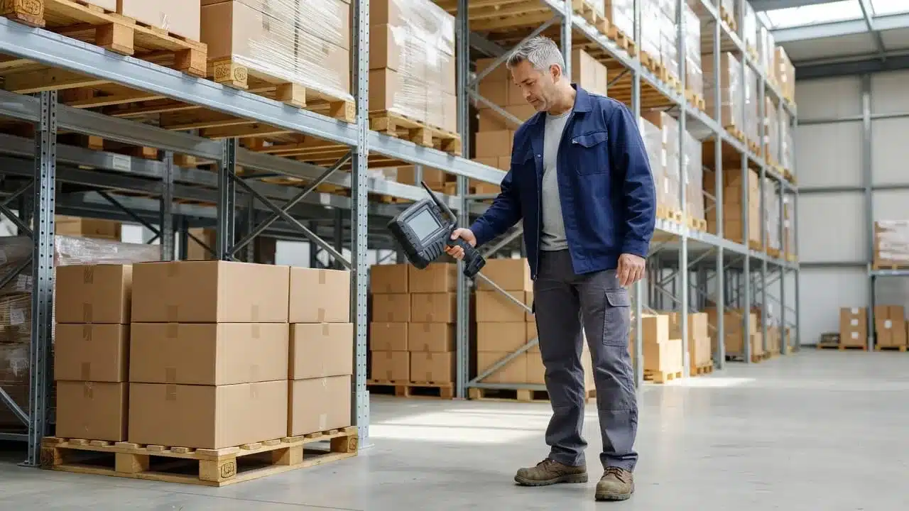 A warehouse manager holds a barcode scanner near high metal pallet racks.