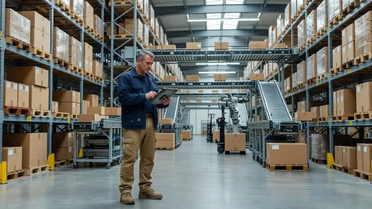 A warehouse manager reviewing inventory data on a tablet in a fulfillment center.