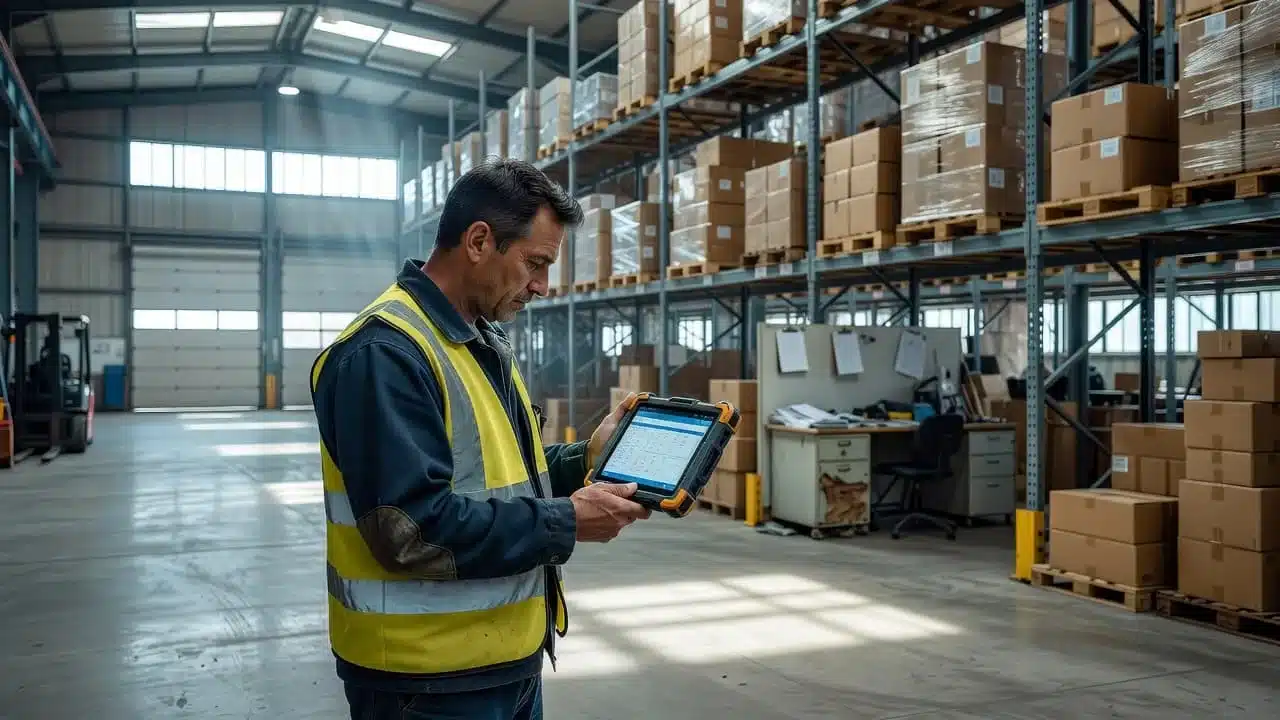 A warehouse manager holding a rugged handheld device inside a distribution facility.