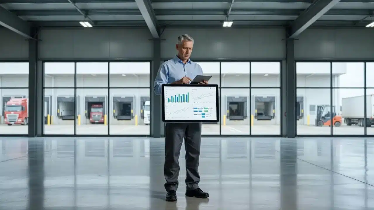 A manager reviewing digital rollout plans on a tablet near warehouse loading docks.