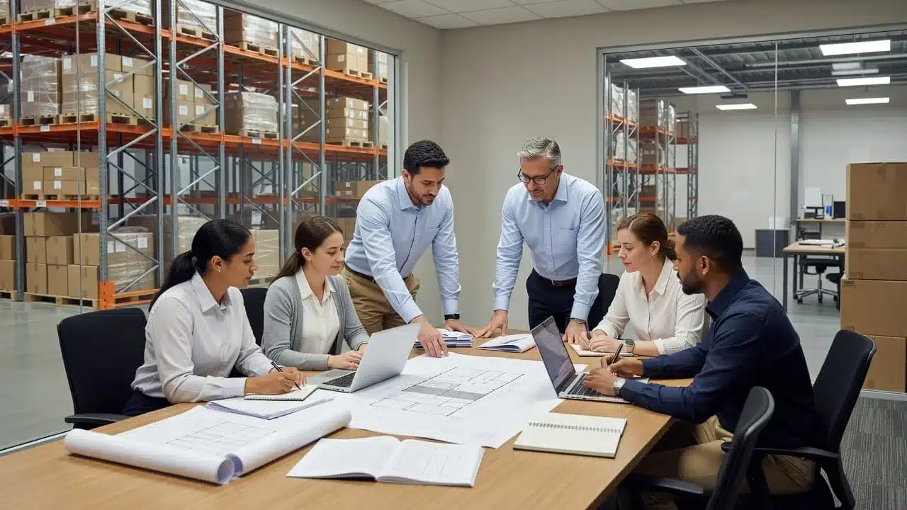 A logistics team collaborates around a table with notebooks and a laptop in a warehouse office.