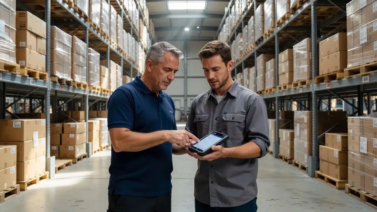 A supervisor and worker looking at a handheld device near warehouse storage racks.