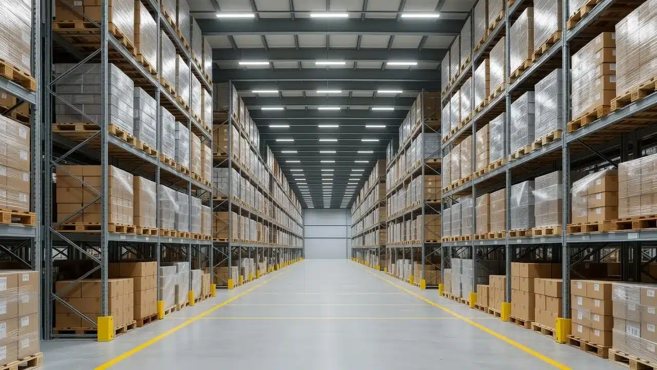 High storage racks and wooden pallets line a clean warehouse floor.