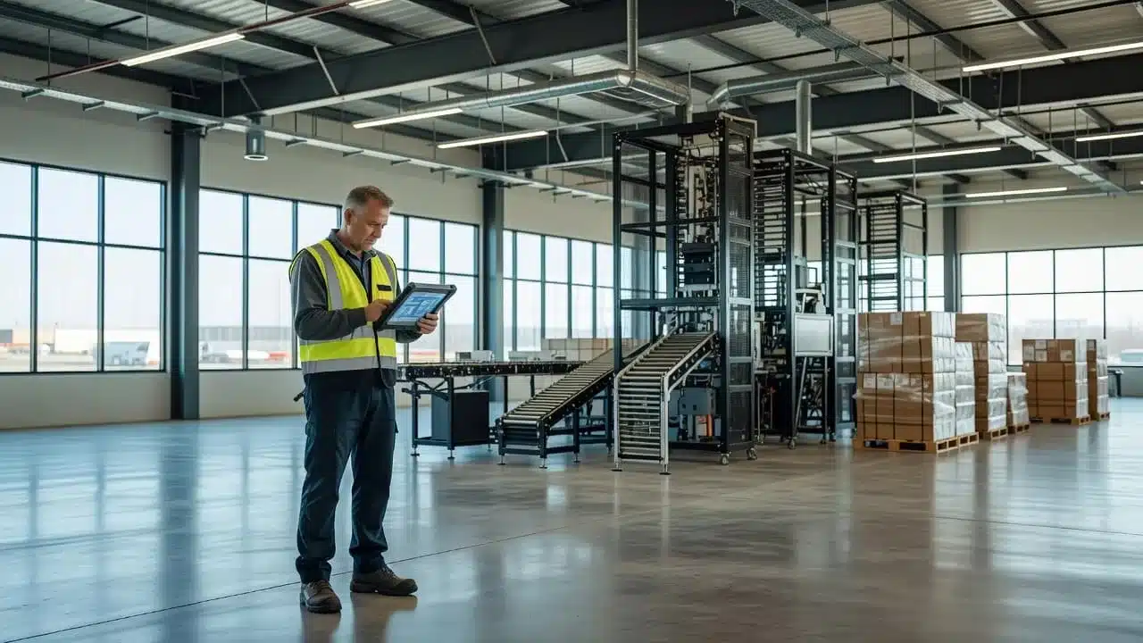 A supervisor reviews software tests on a tablet in a modern warehouse.