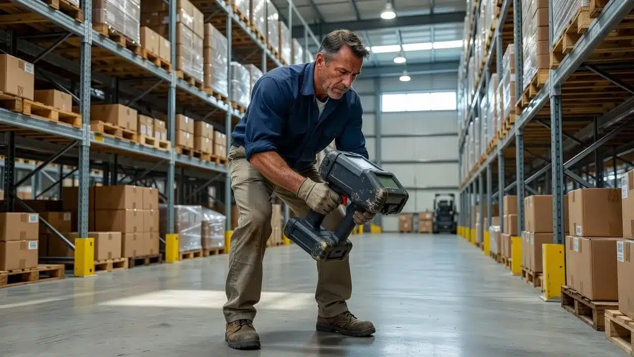 A warehouse worker holding a rugged mobile barcode scanner near tall storage racks.
