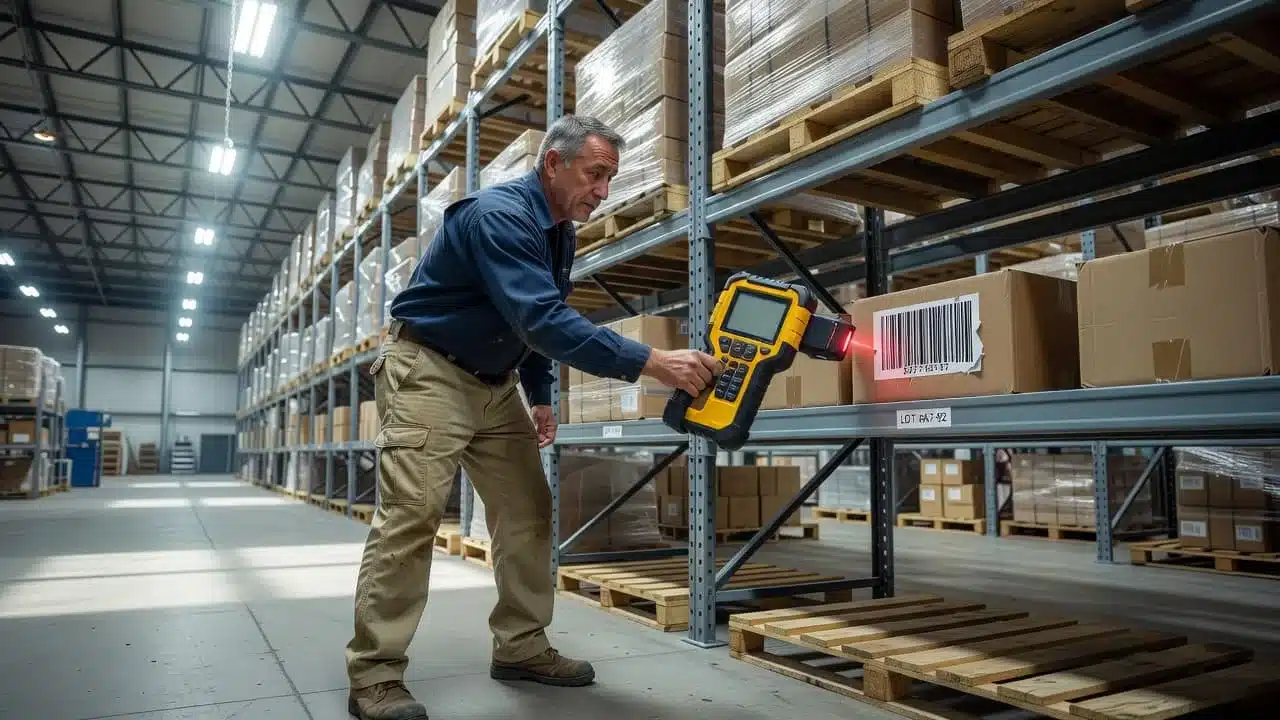 A warehouse employee scanning a barcode on a shelf with a rugged device.