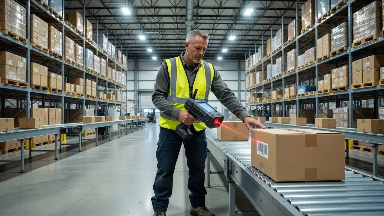 A warehouse worker scans a shelf barcode using a rugged mobile device.