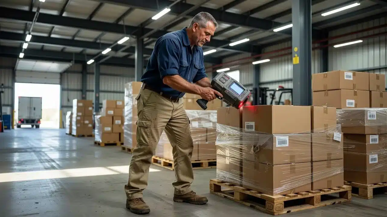 An industrial worker scans freight with a mobile device at a warehouse receiving dock.