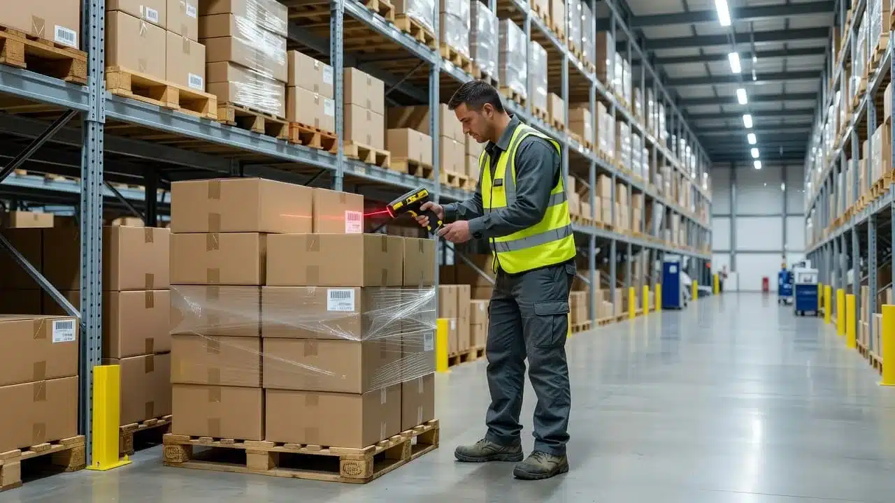 A fulfillment center worker scans barcodes on a pallet of goods under bright industrial lights.