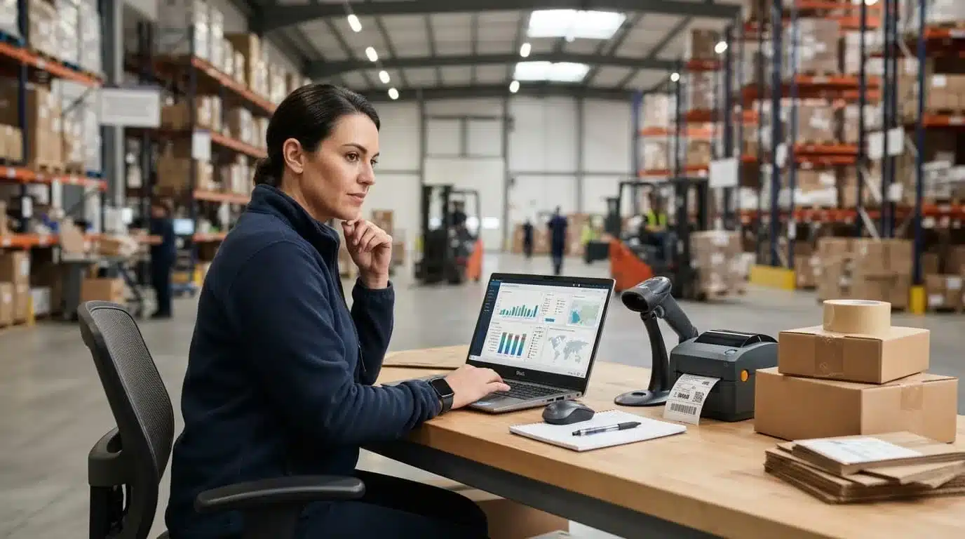 Manager reviewing a laptop beside a barcode scanner and shipping cartons in a warehouse.