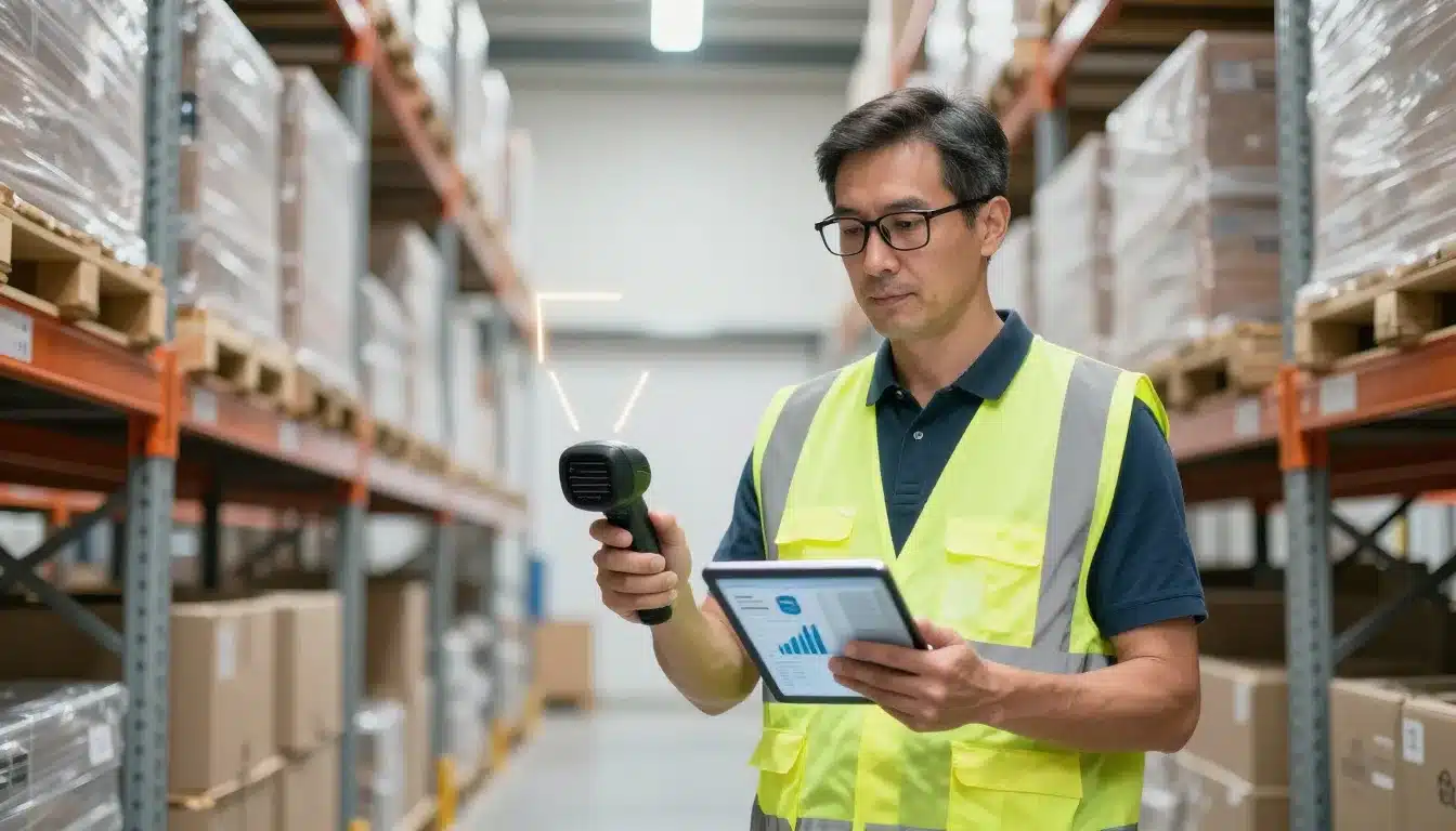 Warehouse manager scanning pallets with a barcode reader and tablet.