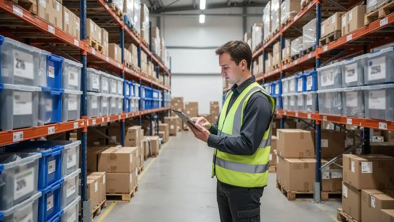 Manager checking a tablet beside separated inventory zones and cartons.