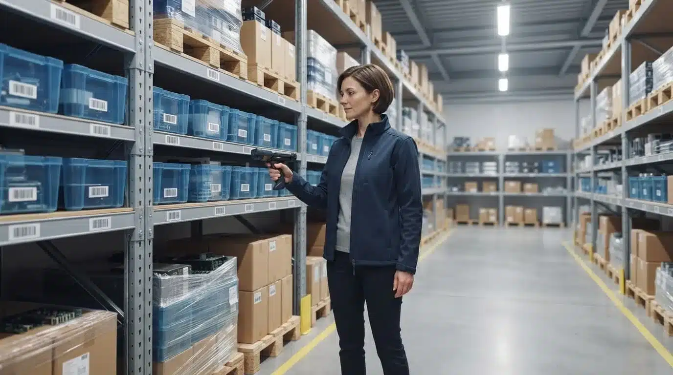 An operator scans a pallet beside organized storage bins in a warehouse aisle.