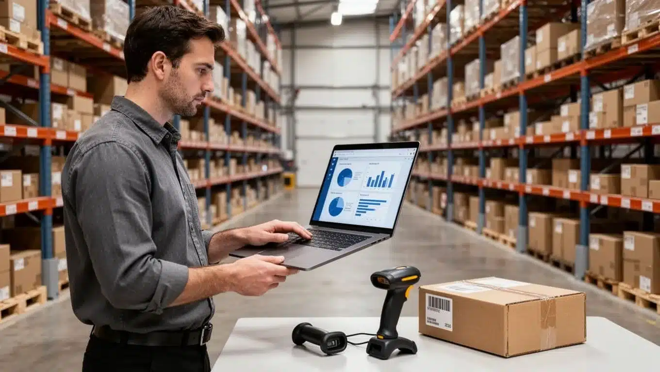 Manager reviewing a laptop dashboard beside a scanner and return parcel in a warehouse.