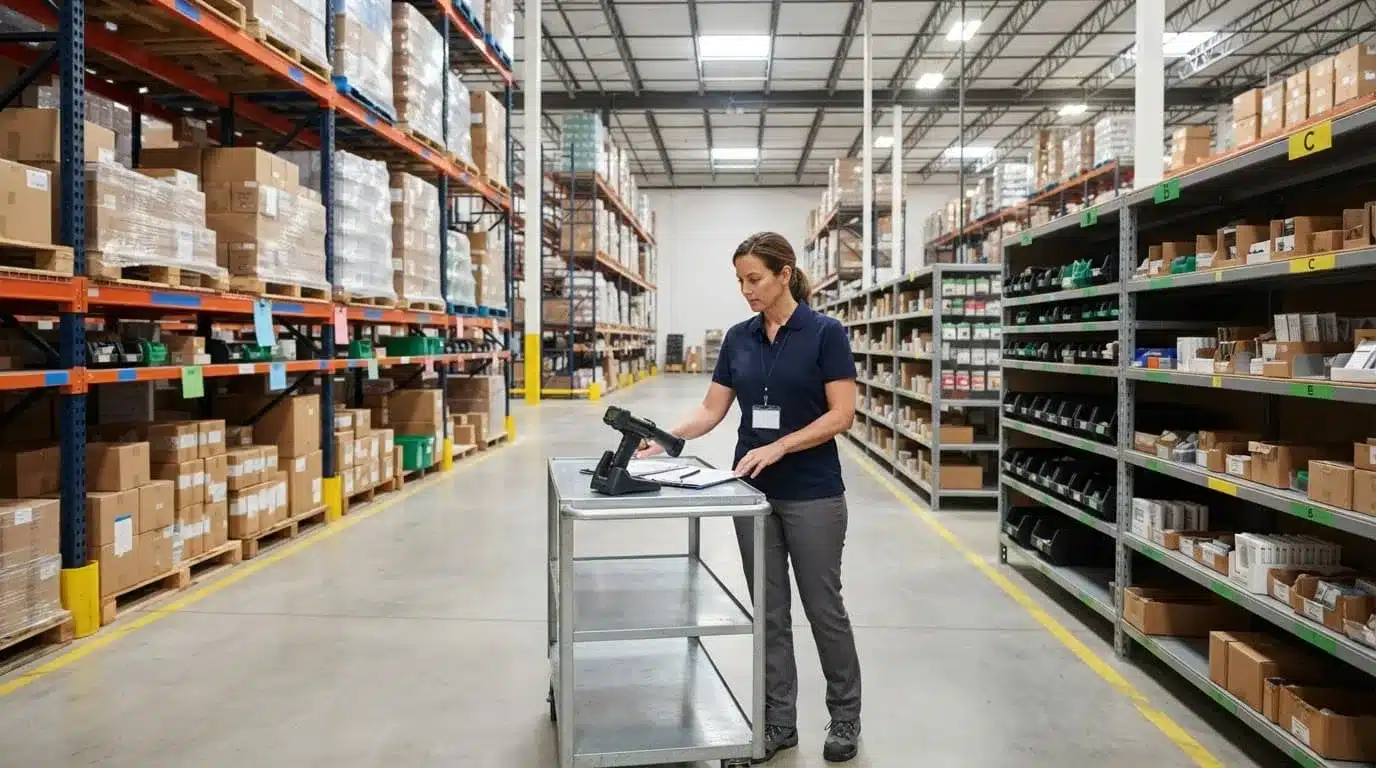 Manager checks color-coded inventory zones beside a cart in a bright warehouse.