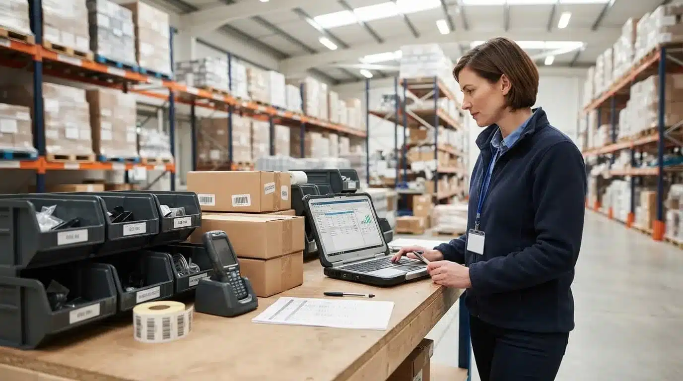 Manager reviewing inventory data beside storage bins, barcodes, a mobile device, and cartons.