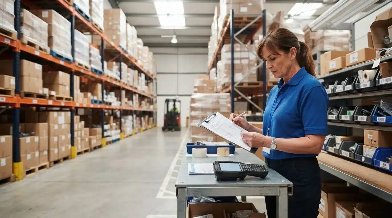 A warehouse supervisor checks inventory beside storage bins and cartons, with a scanner on the table.