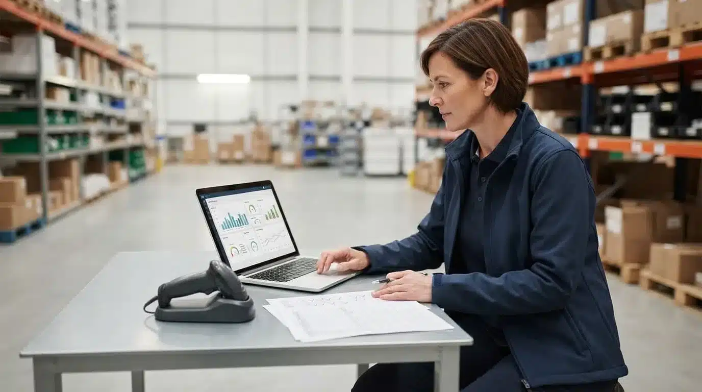 A warehouse manager reviews inventory data beside a scanner and count sheets.