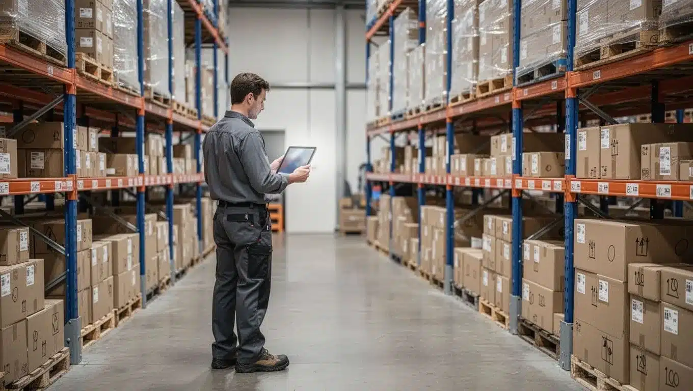 A warehouse manager checks a tablet beside organized pallet racks and cartons.