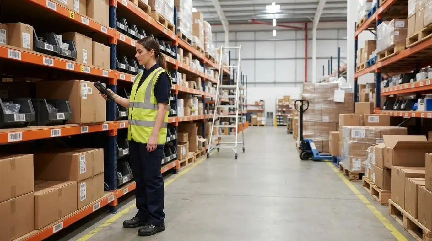 An operator scans warehouse bins with a smartphone beside pallets and cartons.