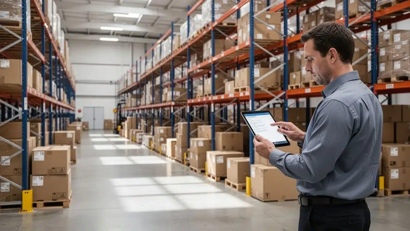 Manager reviews a tablet beside organized warehouse inventory zones and shipping cartons.