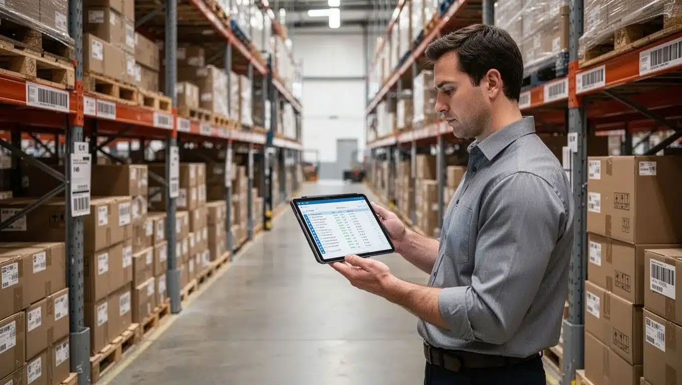 Manager reviewing inventory records on a tablet beside cartons and pallet racks.