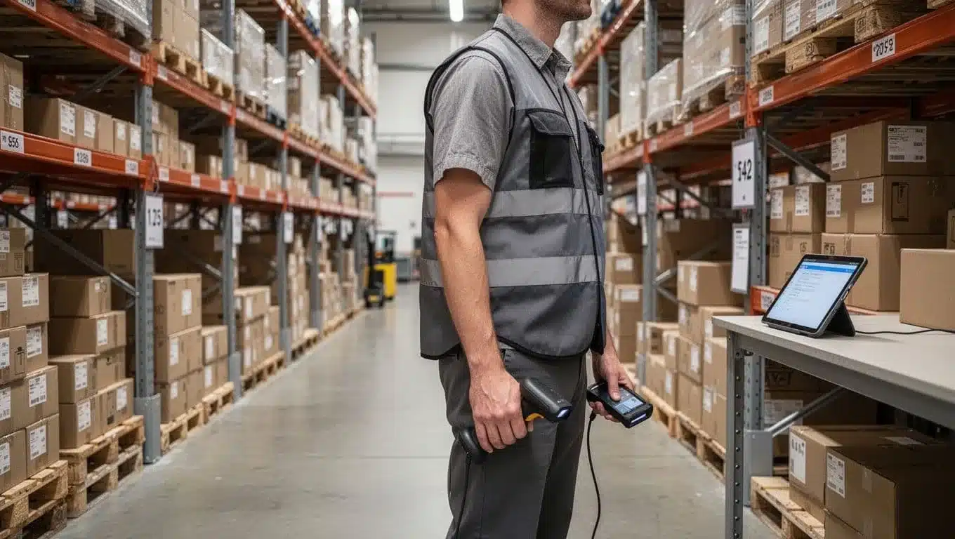 A warehouse worker stands beside labeled cartons with a barcode scanner and tablet nearby.