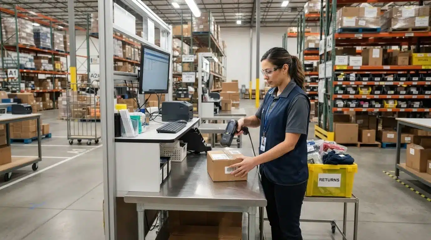 An associate scans a carton beside a returns tote in a warehouse.