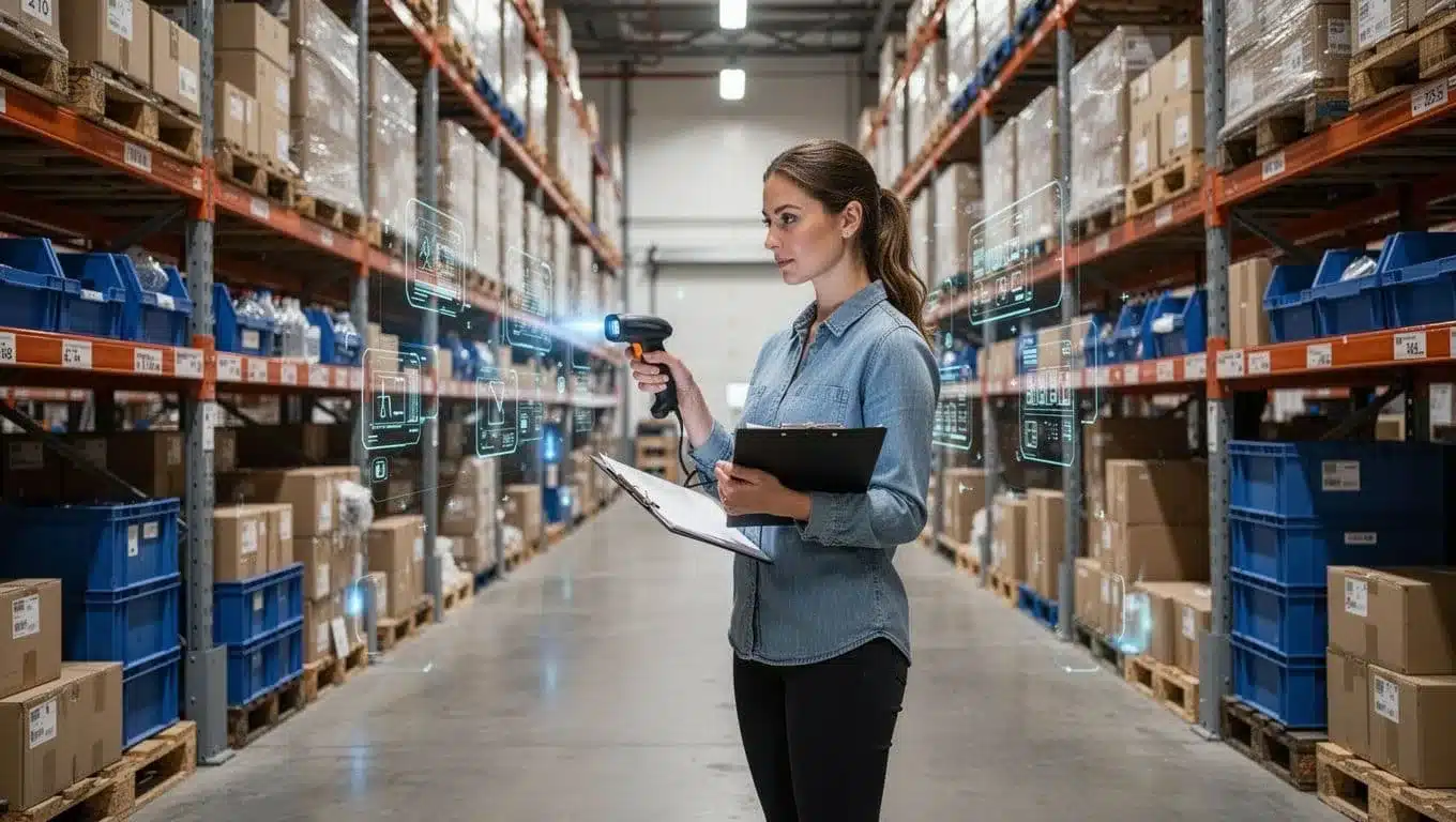 A warehouse worker scans cartons beside pallets, bins, and a clipboard.