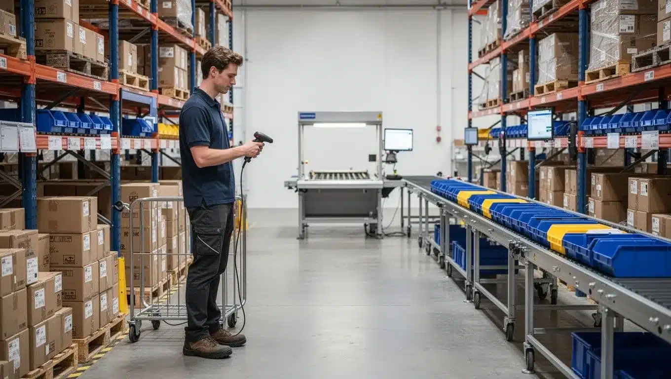 An employee scans cartons beside pallet racks, bins, and a conveyor.