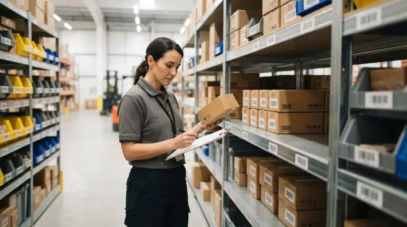 Manager checks counted cartons beside organized storage bins in a bright warehouse aisle.