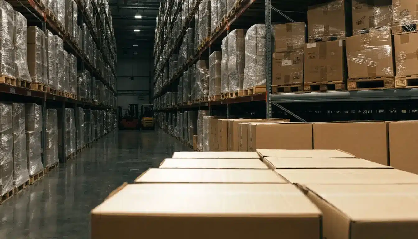 New cartons line warehouse pallets beneath dusty boxes on a high shelf.