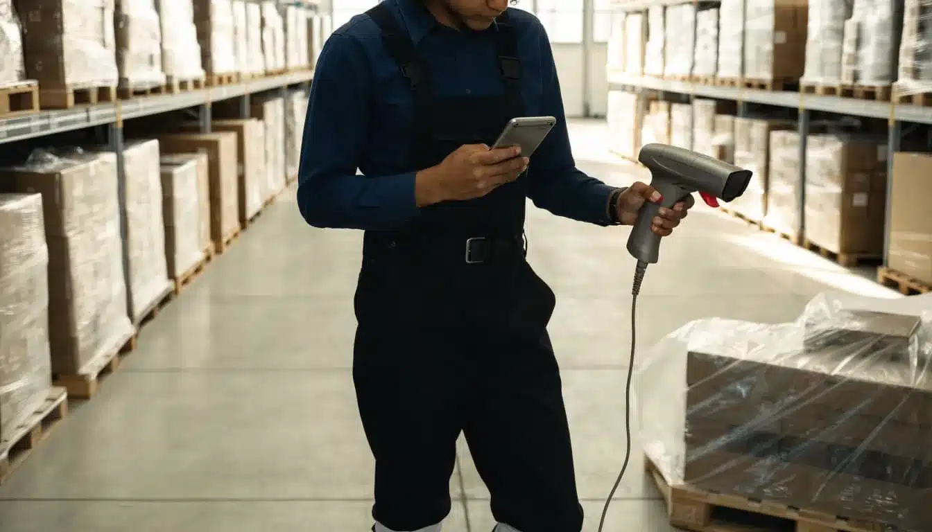 A warehouse associate holds a scanner and phone beside a pallet in an orderly warehouse.