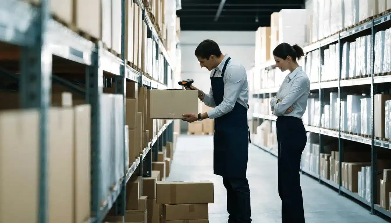 One warehouse employee scans a carton as a colleague observes.
