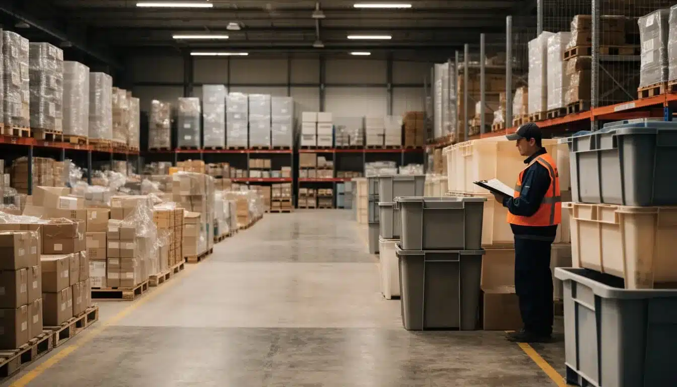 A warehouse operator checks a clipboard beside bins and pallet racks.