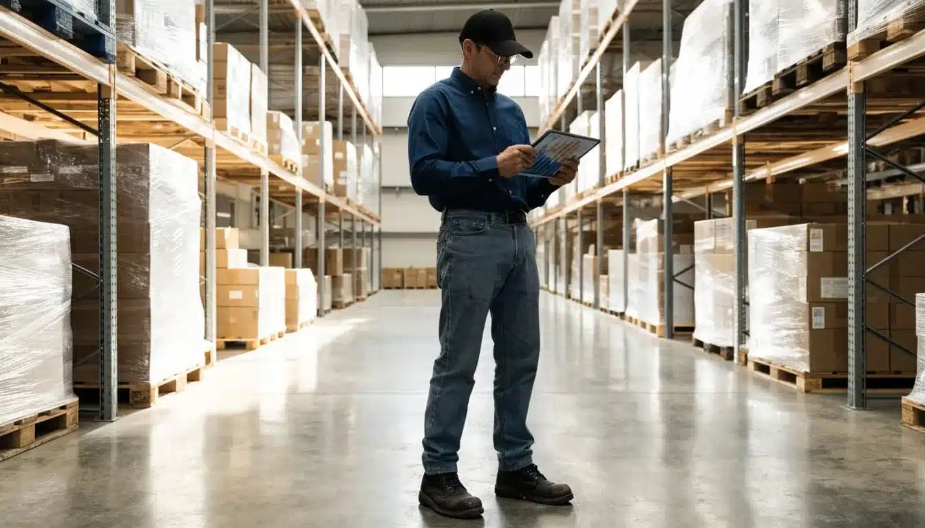 A warehouse manager checks a tablet between rows of pallet racks and cartons.