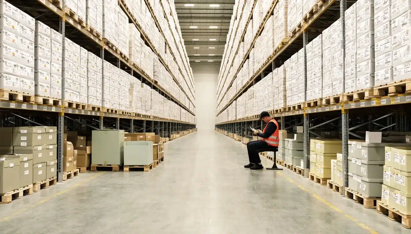 A warehouse worker scans inventory beside racks and a separate cluster of excess cartons.