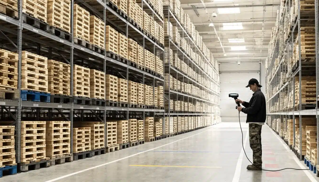 A supervisor with a barcode scanner surveys fuller and sparser warehouse stock zones.