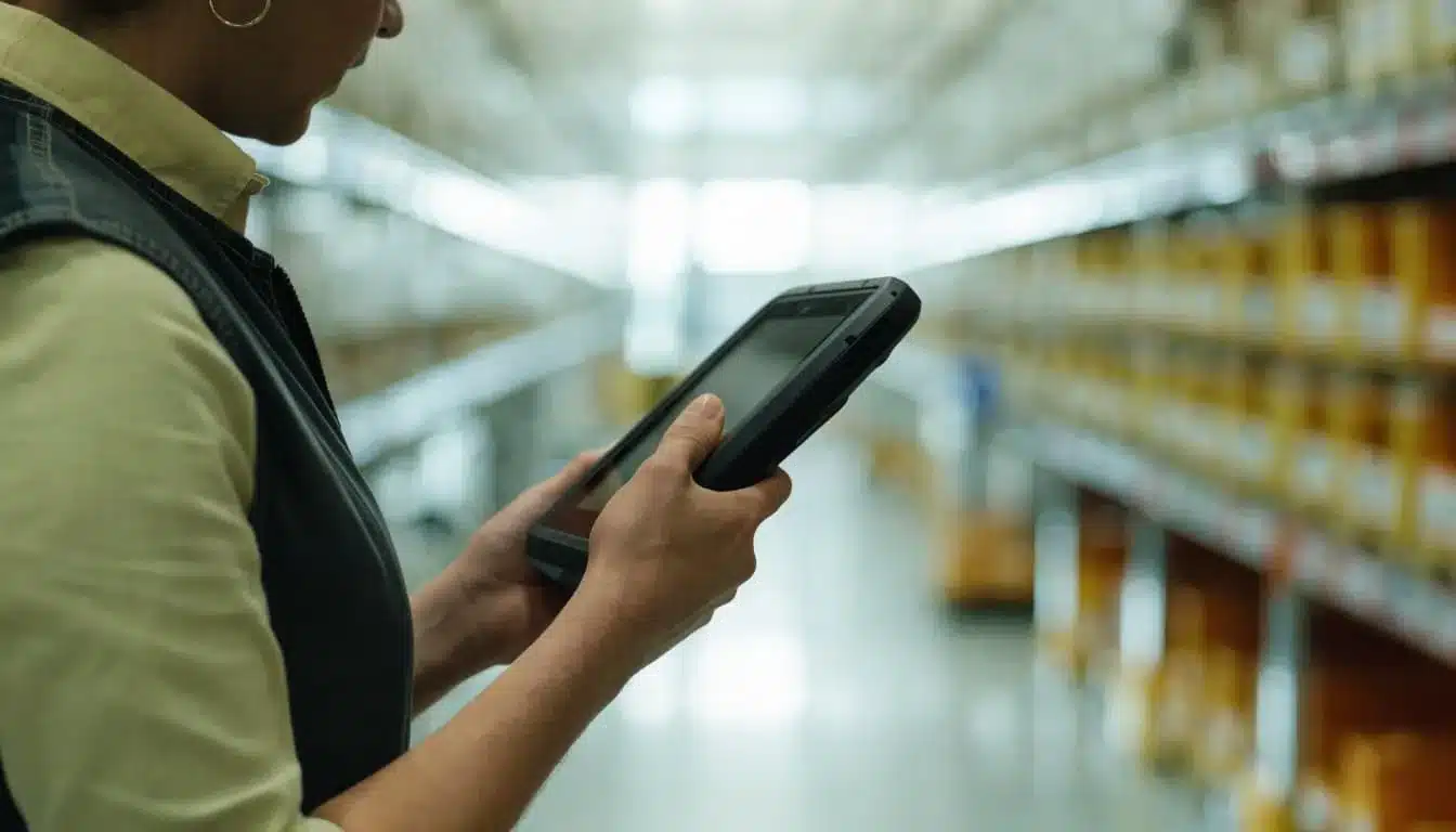 A warehouse lead checks a handheld device in a picking aisle.