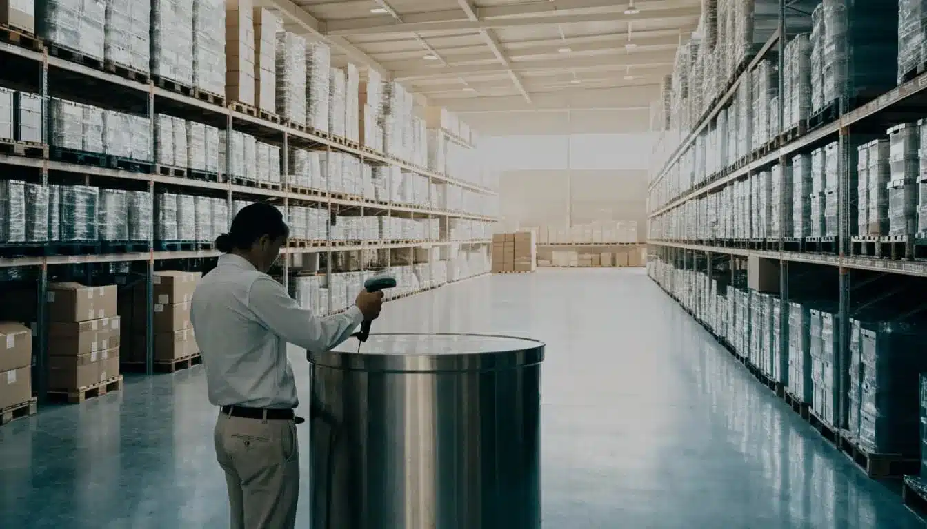 A warehouse worker scans a bin beside organized pallet racks.