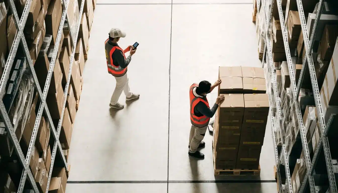 Two warehouse workers check a scanner and inspect damaged pallet packaging.