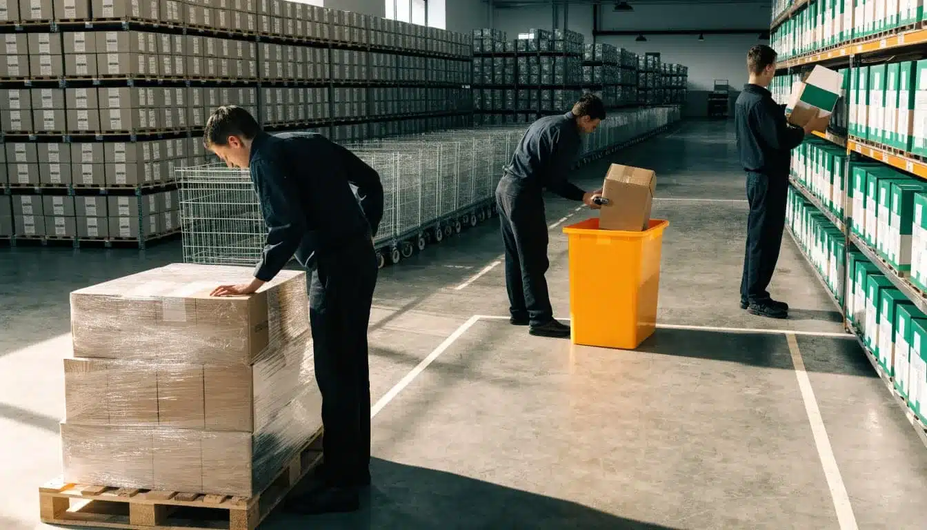 Two workers handle goods from a receiving pallet to storage and a shipping lane.