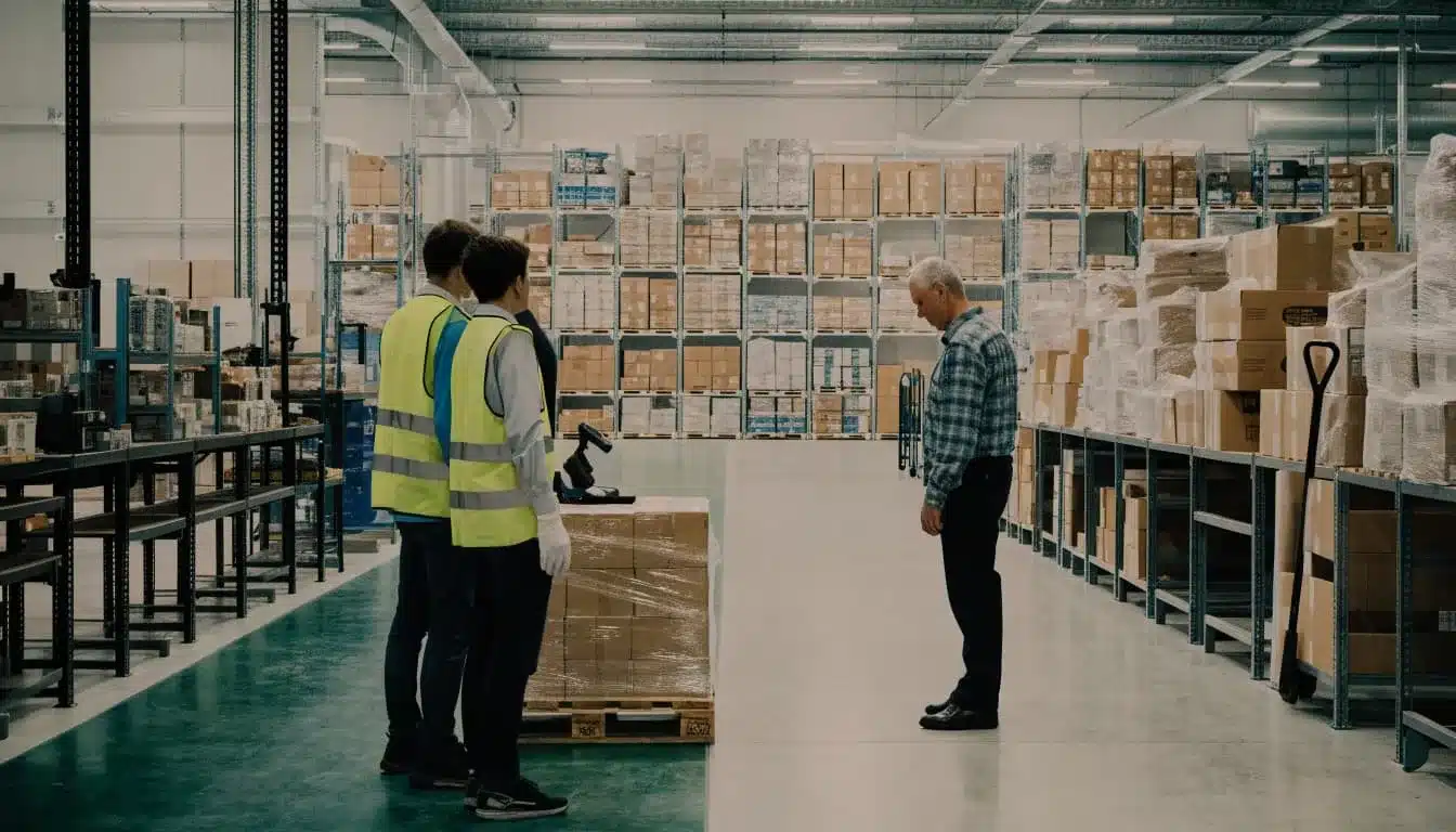 Two operators and a supervisor observe a pallet inspection in a warehouse aisle.